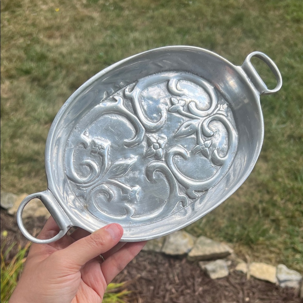 Pewter Oval Tray Dish Floral Cottagecore Bohemian Elegant